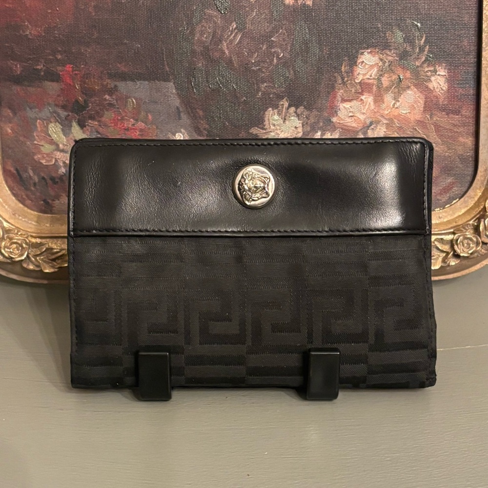 Versace Medusa Black Compact Wallet Canvas and Leather- Vintage